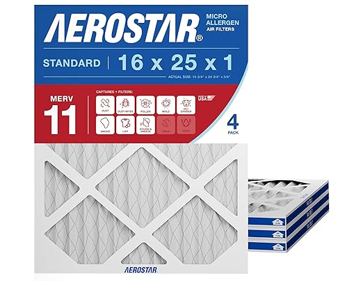 Aerostar 16x25x1 MERV 11 Air Filter, 4 Count, ACTUAL SIZE (15.75 x 24.75 x 0.75), HVAC, Air Conditioning & Furnace Filter for Dust, Pet Dander, Smoke & Allergies (MPR 1200 / FPR 7), Made in USA