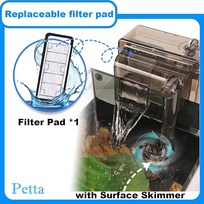 Hang on Back Fish Tank Filter for 3-5 Gallon Aquariums with Surface Skimmer, HOB Filter (A-1) for Efficient and Silent Operation, 53GPH(200L/H), 3W, 1 Pre-Filter Sponge, 1 Filter Pad