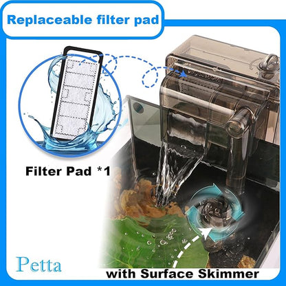 Hang on Back Fish Tank Filter for 3-5 Gallon Aquariums with Surface Skimmer, HOB Filter (A-1) for Efficient and Silent Operation, 53GPH(200L/H), 3W, 1 Pre-Filter Sponge, 1 Filter Pad