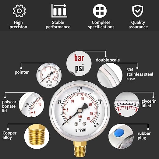 0-400 Psi Glycerin Liquid Filled Pressure Gauge, 2.5" Dial Size, 1/4" NPT Lower Mount, 304 Stainless Steel Case, for Pool Pump Sand Filter Air Compressor, Water Oil Air Pressure Test