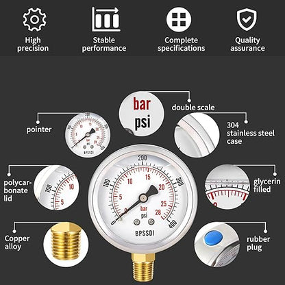 0-400 Psi Glycerin Liquid Filled Pressure Gauge, 2.5" Dial Size, 1/4" NPT Lower Mount, 304 Stainless Steel Case, for Pool Pump Sand Filter Air Compressor, Water Oil Air Pressure Test
