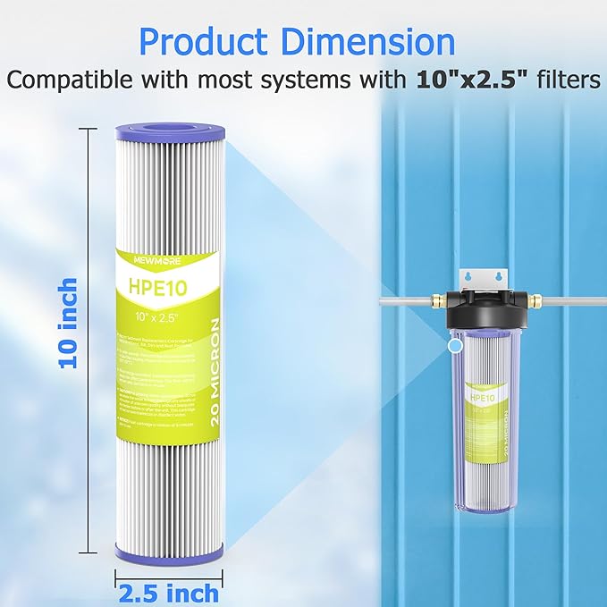 20 Micron Whole House Water Filter Cartridge, Pleated Sediment Filters for Well Water, Universal Replacement for Any 10 inch RO Unit - 10" x 2.5" Cartridges - Pack of 6