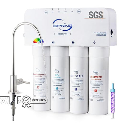 iSpring RO5004F-AK Alkaline Reverse Osmosis Water Filter with UV, SGS Tested PFAS and TDS Reduction, 500 GPD, pH+, 2:1 Pure to Drain Tankless Remineralization RO System Under Sink, Filter Life Monitor
