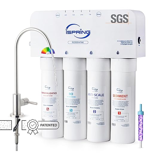 iSpring RO5004F-AK Alkaline Reverse Osmosis Water Filter with UV, SGS Tested PFAS and TDS Reduction, 500 GPD, pH+, 2:1 Pure to Drain Tankless Remineralization RO System Under Sink, Filter Life Monitor