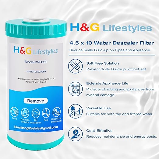 H&G Lifestyles 10" x 4.5 Water Descaler, Anti Scale Phosphate Filter Saltless Water Softener,Replacement Cartridge, Compatible with 84637, WPX5BB97P, PC10, 355214-45, 355215-45, WP10BB97P, WP5BB97P