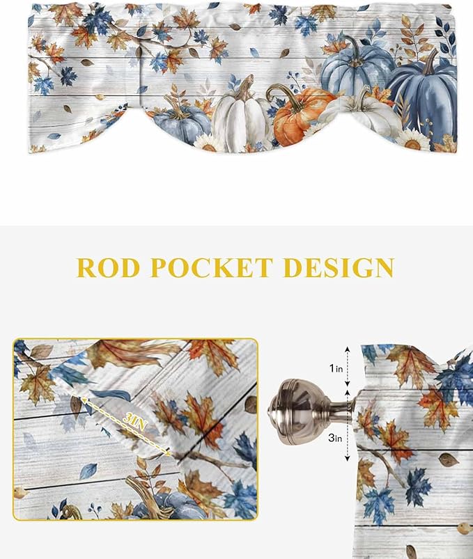 Thanksgiving Pumpkin Tie Up Valance Curtains for Windows, Kitchen Curtains Window Shades, Fall Maple Leaf Daisy Wooden Grain Light Filter Roman Curtain Valances for Bedroom/Bathroom/Cafe 60'' x 18''
