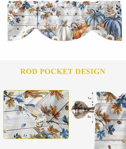 Thanksgiving Pumpkin Tie Up Valance Curtains for Windows, Kitchen Curtains Window Shades, Fall Maple Leaf Daisy Wooden Grain Light Filter Roman Curtain Valances for Bedroom/Bathroom/Cafe 60'' x 18''