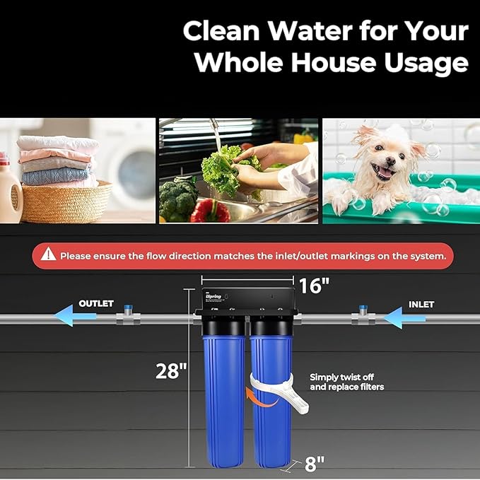 iSpring WGB22B-KS+AHPF12MNPT16X2 2-Stage Whole House Water Filter System w/ 3/4'' Push-Fit Stainless Steel Hose Connectors, Reduces Sediment, Heavy Metals, Chlorine, Chloramine, Hydrogen Sulfide