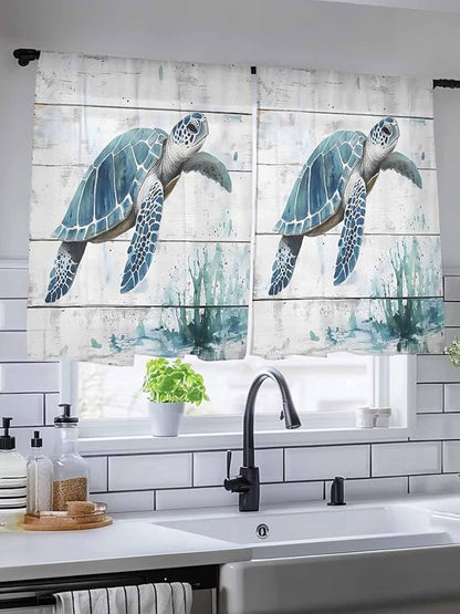 Sheer Curtains 45 Inch Length, Teal Green Sea Turtle Semi Sheer Curtains Light Filtering Window Treatment, Summer Ocean Vintage Wood Grain Privacy Voile Drapes for Living Room Bedroom 52x45 Inch