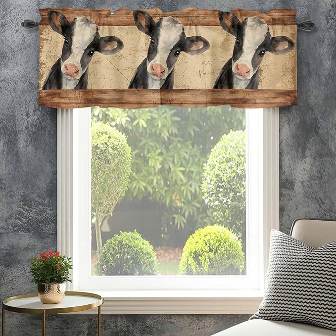 Farmhouse Cow Curtain Valances for Windows, Kitchen Valance Window Treatment, Country Vintage Animals Wooden Grain Light Filtering Block Curtains for Bathroom/Bedroom/Living Room 54'' x 18''