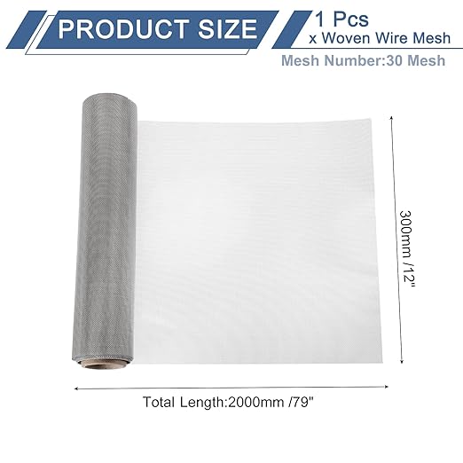 uxcell 30 Mesh 79" x 12" Woven Wire Mesh, 304 Stainless Steel Air Vent Filter Screen, Window Screen Mesh for DIY Projects Vents Cover Filtration Animals Fence