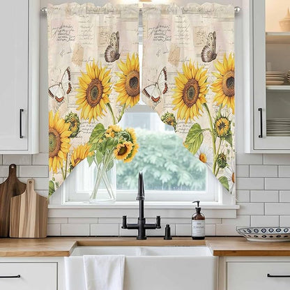 Yellow Sunflowers Swag Valances for Windows, Country Farm Butterfly Flower Light Beige Rod Pocket Kitchen Curtains Valance, Kitchen Window Curtains Swag for Cafe Living Room, 2 Panels, 36x45 inch