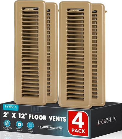 VOISEN Floor Register 2x12, 4 Pack Floor Vent Covers, Steel Adjustable Air Supply Grille Register Vent Cover Grill for Sidewall and Floor, Vent Covers for Home Floor,Brown