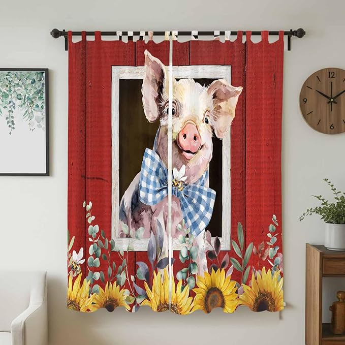 Pig Sunflowers Living Room Curtains 96 Inch Length, Window Curtains Tab Top, Eucalyptus Leaves Floral Bees Red Barn Light Filtering Window Treatments Drapes 52"x96" 2 Panel