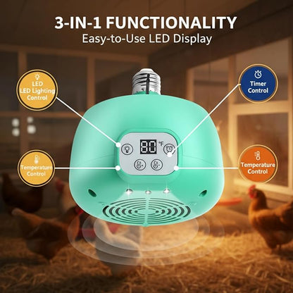 Enhon 1 Set Chicken Coop Heater, Timing Heat Lamp for Chickens, Smart Temperature Control Chicken Brooder Heater Greenhouse Warmer, 5 Ft Ultra Long Cable Reptile Heating Lamp for Chicks Duck Dog Cat