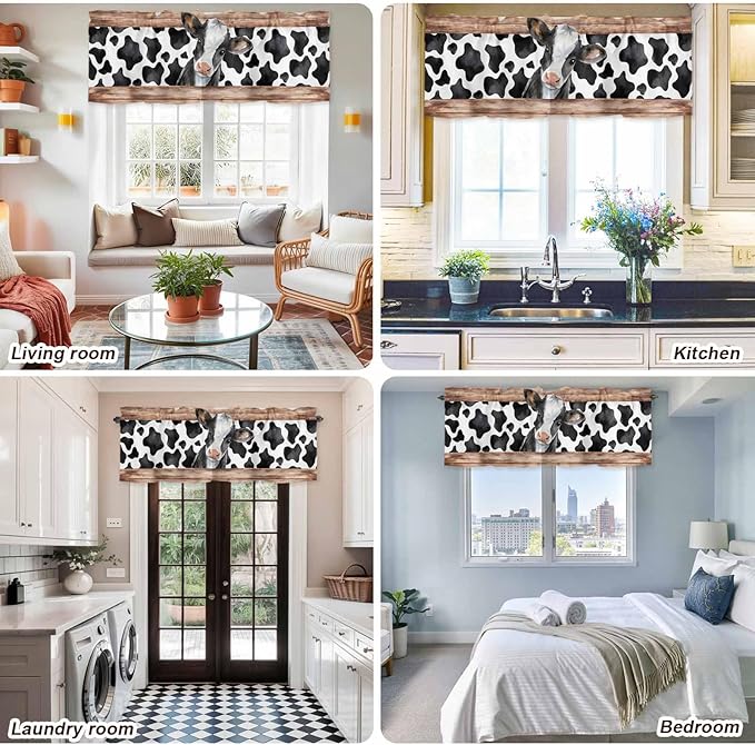 Cow Printed Curtain Valances for Windows, Kitchen Valance Window Treatment, Farmhouse Watercolor Country Wooden Grain Light Filtering Block Curtains for Bathroom/Bedroom/Living Room 54'' x 18''