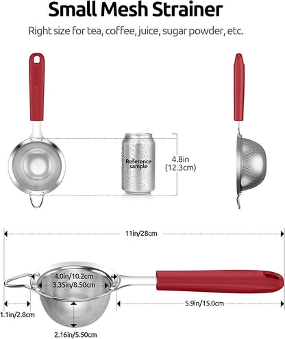 U-Taste Small Fine Mesh Strainer: 18/8 Stainless Steel 3.35in 30 Mesh Kitchen Food Sieve with Sturdy Riveted Silicone Handle, Heavy Duty Deep Handheld Metal Colander for Tea, Juice (Red)