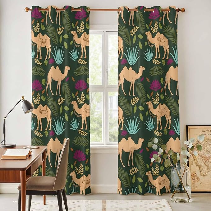 2 Panel Kitchen Cafe Curtains, Retro Desert Camel Sunlight Filtering Nature Air Through, Window Decor Tier Curtains for Living Room 80W x 84L inch Tropical Animal Aloe Vera Leaves Dark Green