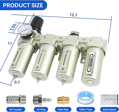 3/4" NPT Industrial Grade 4 Stage Air-Dryer-for-Compressor, Air-Compressor-Water-Separator-System for Plasma Cutter and Paint Spray, 3Filter&1Dryer System，Manual Drain