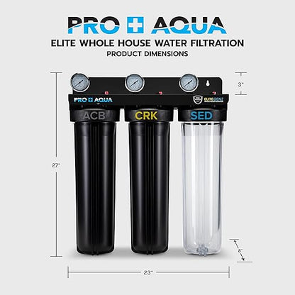 PRO+AQUA Elite Series GEN2 PRO-100-E 3-Stage Whole House Water Filtration System for City & Well Water with Pressure Gauges | Removes 99% of Chlorine, VOCs, Odors & Contaminants with Extra Filter Set