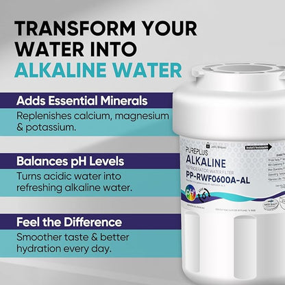 PUREPLUS Alkaline Replacement for GE® MWF®, SmartWater® MWFP, MWFINT, MWFA, GWF, HDX FMG-1, Kenmore® 9991, WFC1201, GSE25GSHECSS, Water Filter, 2 Pack