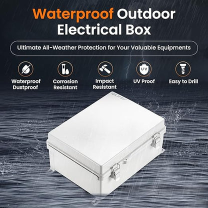 QILIPSU Waterproof Junction Box IP67 Outdoor Plastic Electrical Project Enclosure Weatherproof with Inner Door, Mounting Plate, Wall Brackets, Hinged Grey Cover 16.1"x12.2"x7.1" -D