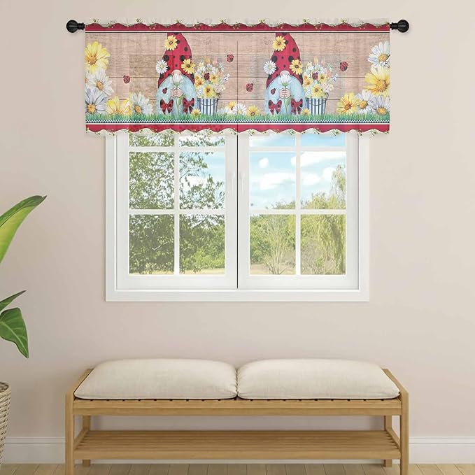 Ladybug Gnome Sheer Valance Curtains, Country Summer Rustic White Yellow Daisy Floral Wood Grain Light Filtering Kitchen Valances Rod Pocket Voile Curtain for Bedroom/Living Room/Basement 42Wx12L