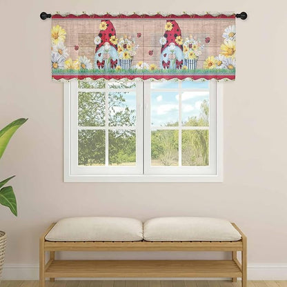 Ladybug Gnome Sheer Valance Curtains, Country Summer Rustic White Yellow Daisy Floral Wood Grain Light Filtering Kitchen Valances Rod Pocket Voile Curtain for Bedroom/Living Room/Basement 42Wx18L