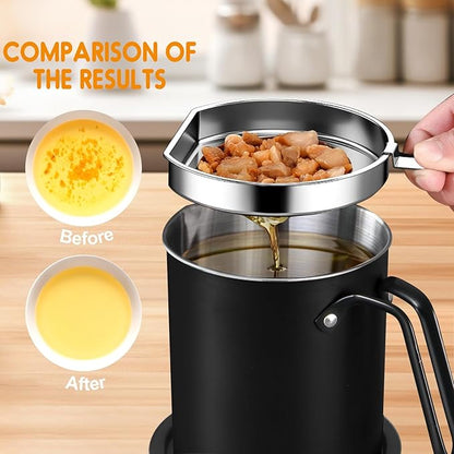 Chihee Grease Container Stainless Steel Bacon Grease Saver with Fine Mesh Strainer 2L / 67.6 fl oz Oil Container Grease Can with Dust-proof Lid Non-slip Tray for Kitchen Storing Frying Cooking Grease