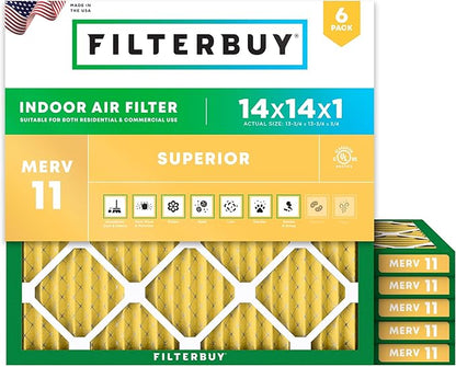 Filterbuy 14x14x1 Air Filter MERV 11 Superior Pet & Allergy Defense (6-Pack), Electrostatic Pleated HVAC AC Furnace Filters Replacement, Made in USA (Actual Size: 13.75 x 13.75 x 0.75)
