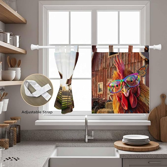 Farm Rooster Kitchen Curtains 24 Inch Length, Small Window Curtains Tab Top, Farmhouse Barn Funny Animals Butterfly Light Filtering Short Window Treatments Tier Drapes 27.5"x24" 2 Panel