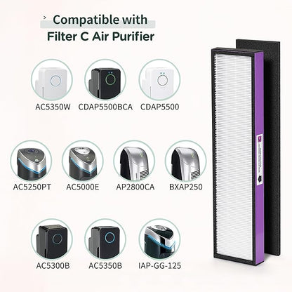 FLT5250PT HEPA Filter Compatible with Germ-Guardian Filter C for AC5000, AC5000E, AC5250PT, AC5350B, AC5350BCA, AC5350W, AC5300B, CDAP5500B, AP2800CA, 2 True HEPA Filters & 6 Carbon Filters
