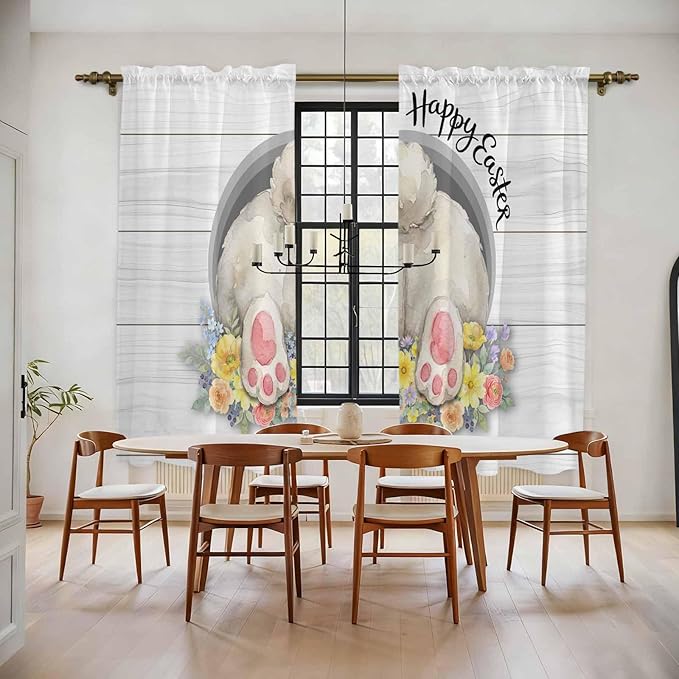 Easter Bunny Window Curtains 72 Inch Long 2 Panel Set,Rod Pocket Long Curtains & Drapes,3D Optical Illusion Farmhouse Flower Wood Grain Light Filtering Window Treatment for Bedroom 52"W x 72"L