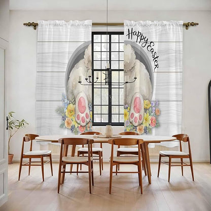 Easter Bunny Window Curtains 72 Inch Long 2 Panel Set,Rod Pocket Long Curtains & Drapes,3D Optical Illusion Farmhouse Flower Wood Grain Light Filtering Window Treatment for Bedroom 52"W x 72"L