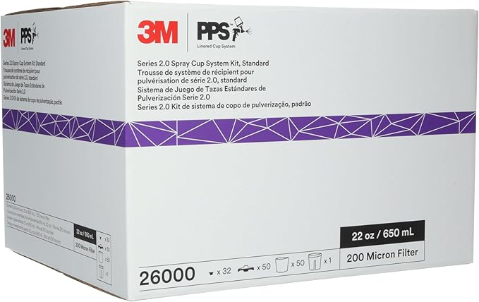3M 26000 PPS 2.0 Spray Gun Cup, Lids and Liners Kit, Standard, 200-Micron Filter, 22 Ounces, BLACK,SILVER