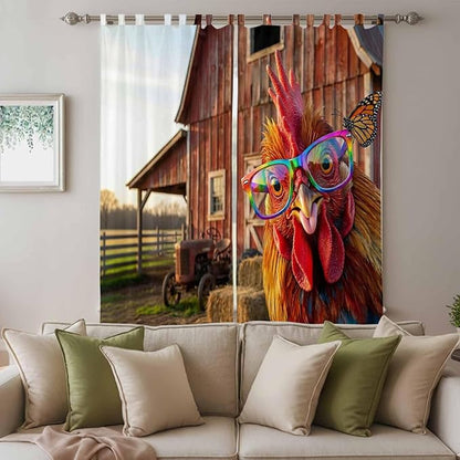 Farm Rooster Living Room Curtains 96 Inch Length, Window Curtains Tab Top, Farmhouse Barn Funny Animals Butterfly Light Filtering Window Treatments Drapes 52"x96" 2 Panel