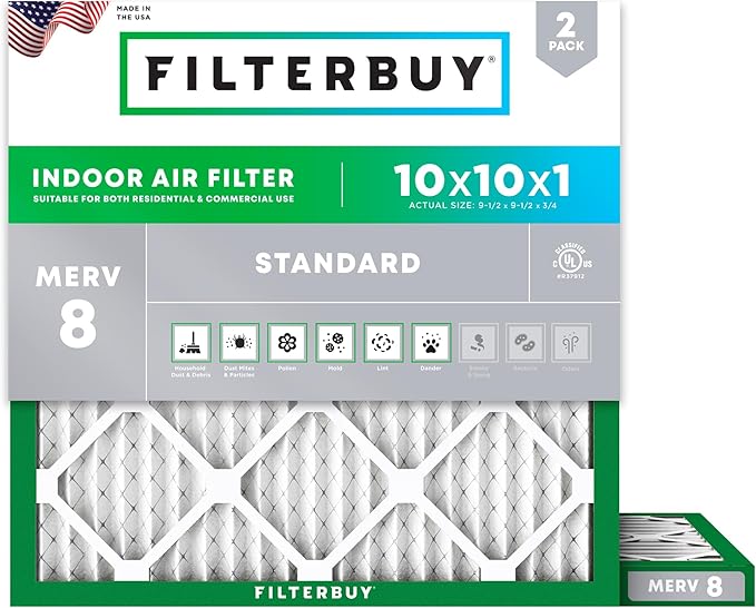 Filterbuy 10x10x1 Air Filter MERV 8 Essential Dust & Allergy Defense (2-Pack), Electrostatic Pleated HVAC AC Furnace Filters Replacement, Made in USA (Actual Size: 9.50 x 9.50 x 0.75)
