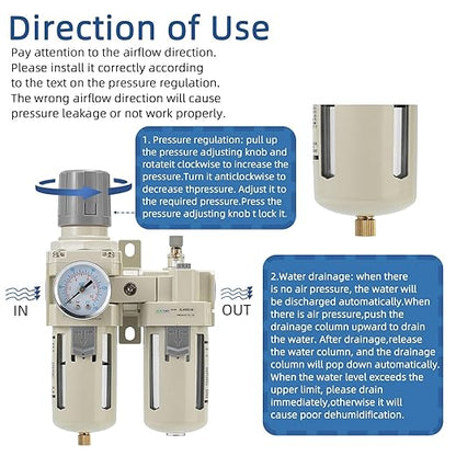 1/2" NPT Air Compressor Oil-Water Separator,Air Pressure Regulator,Compressed Air Filter Regulator Lubricator,Semi-Automatic Drain Polyethylene Bowl (0-150 PSI) Brass Components