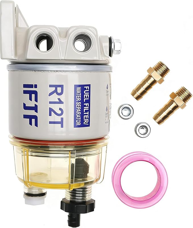 iFJF R12T Fuel Water Separator Marine Assembly - 10 Micron Diesel Engine Filter with 15 GPH Flow Rate - NPT ZG1/4-19 Ports 2 Fittings & 2 Plugs Replaces S3240 120AT 18-7987 for Boat Tractor Skid Steer