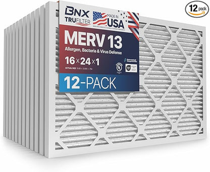 BNX TruFilter 16x24x1 Air Filter MERV 13 (12-Pack) - MADE IN USA - Electrostatic Pleated Air Conditioner HVAC AC Furnace Filters for Allergies, Pollen, Mold, Bacteria, Smoke, Allergen, MPR 1900 FPR 10