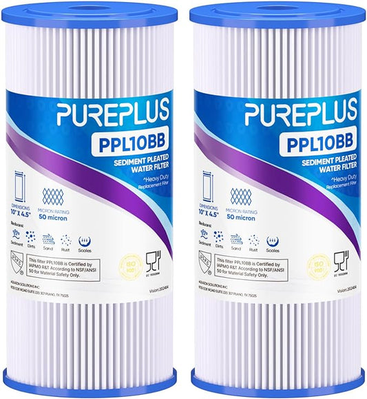 PUREPLUS 50 Micron 10" x 4.5" Extra Coarse Pleated Sediment Filter for Well Water, Replacement Cartridge for GE FXHSC, Culligan R50-BBSA, Pentek R50-BB, DuPont WFHDC3001, W50PEHD，GXWH40L, 2Pack