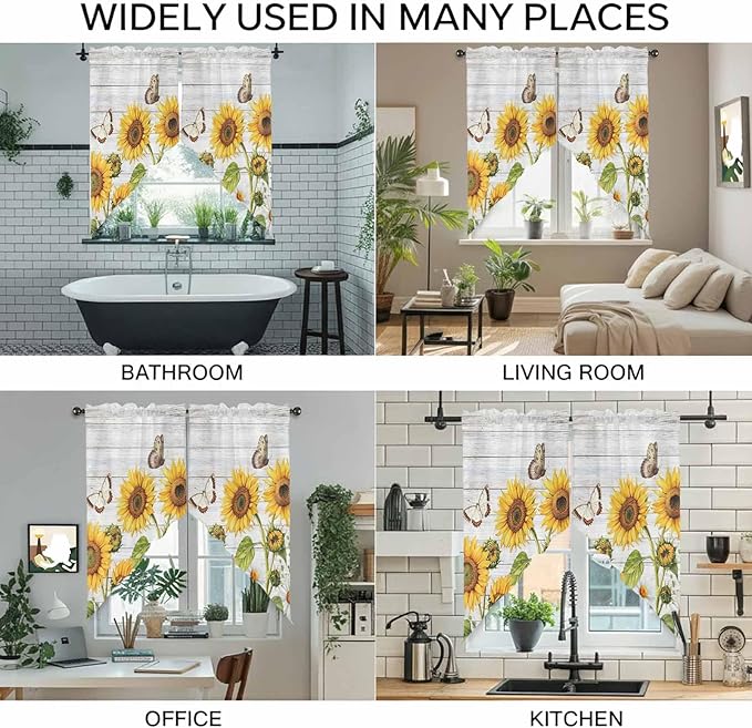 Yellow Sunflowers Swag Valances for Windows, Vintage Country Flowers Butterfly Wood Board Rod Pocket Kitchen Curtains Valance, Small Window Curtains Swag for Cafe Living Room, 2 Panels, 28x36 inch