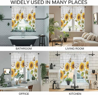 Yellow Sunflowers Swag Valances for Windows, Vintage Country Flowers Butterfly Wood Board Rod Pocket Kitchen Curtains Valance, Small Window Curtains Swag for Cafe Living Room, 2 Panels, 28x36 inch