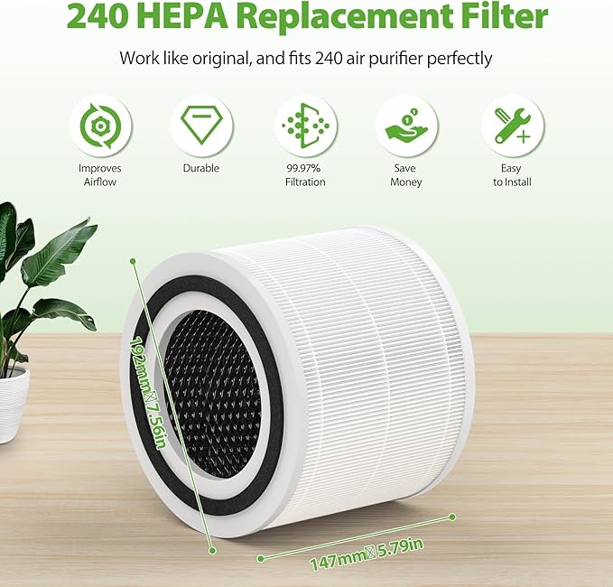 240 HEPA Replacement Filter Compatible with Puro 240 Air Purifier, 3 in 1 Grade Filtration HEPA 14 with Activated Carbon for 99.97% Air Pollutants Home Room, 240 Replacement HP-14 Filter, 2 Pack