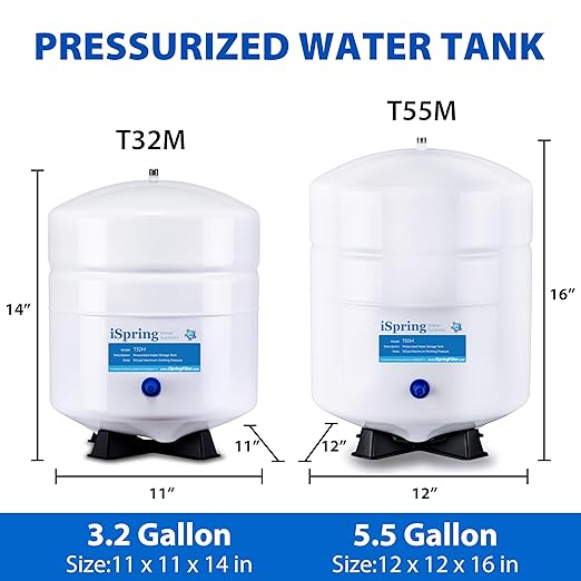 iSpring T32M Pressurized Water Storage Tank with Ball Valve for Reverse Osmosis RO Systems, 4 Gallon, 1/4" Tank Valve Included, White