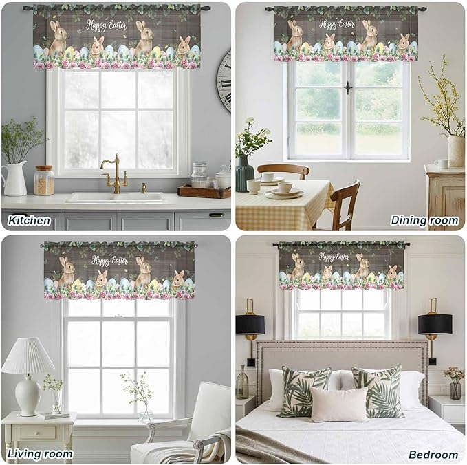 Easter Sheer Valances for Windows 42"x18", Light Filtering Kitchen Curtains Valance, Spring Watercolor Bunny Eggs Flower Leaf Wood Grain Rod Pocket Chiffon Curtains for Living Room Bedroom Cafe