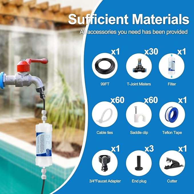 Misters for Outside Patio, Outdoor Water Misting Cooling System w Filter,99FT|30M. Backyard Mist Kit for Garden, Greenhouse, Fan,Deck,Umbrella,Canopy,Pool,Porch,Trampoline,Park,BBQ Party Accessories