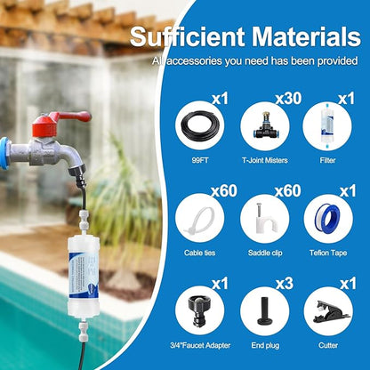 Misters for Outside Patio, Outdoor Water Misting Cooling System w Filter,99FT|30M. Backyard Mist Kit for Garden, Greenhouse, Fan,Deck,Umbrella,Canopy,Pool,Porch,Trampoline,Park,BBQ Party Accessories