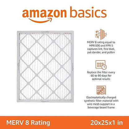 Amazon Basics 20x25x1 Air Filter 6 Pack, MERV 8 AC Furnace Filters (Actual Size: 19.75" x 24.75" x 0.75")