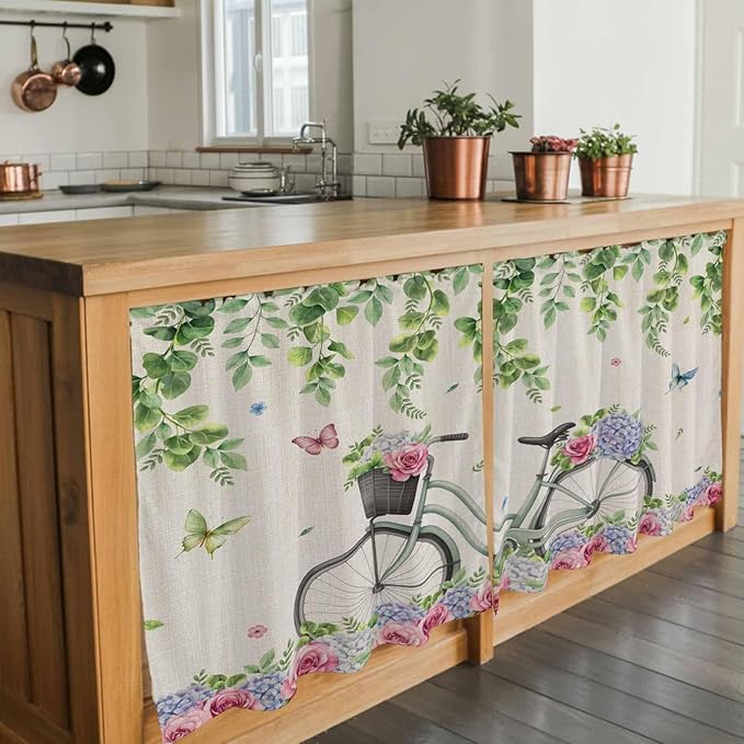 Farmhouse Spring Tier Curtains, Retro Bicycles Flowers Vines Butterfly Light Filtering Kitchen Curtains, 2Pcs Rod Pocket Half Window Treatments Panels for Sink Cafe Cabinet Camper 27.5x36 Inches